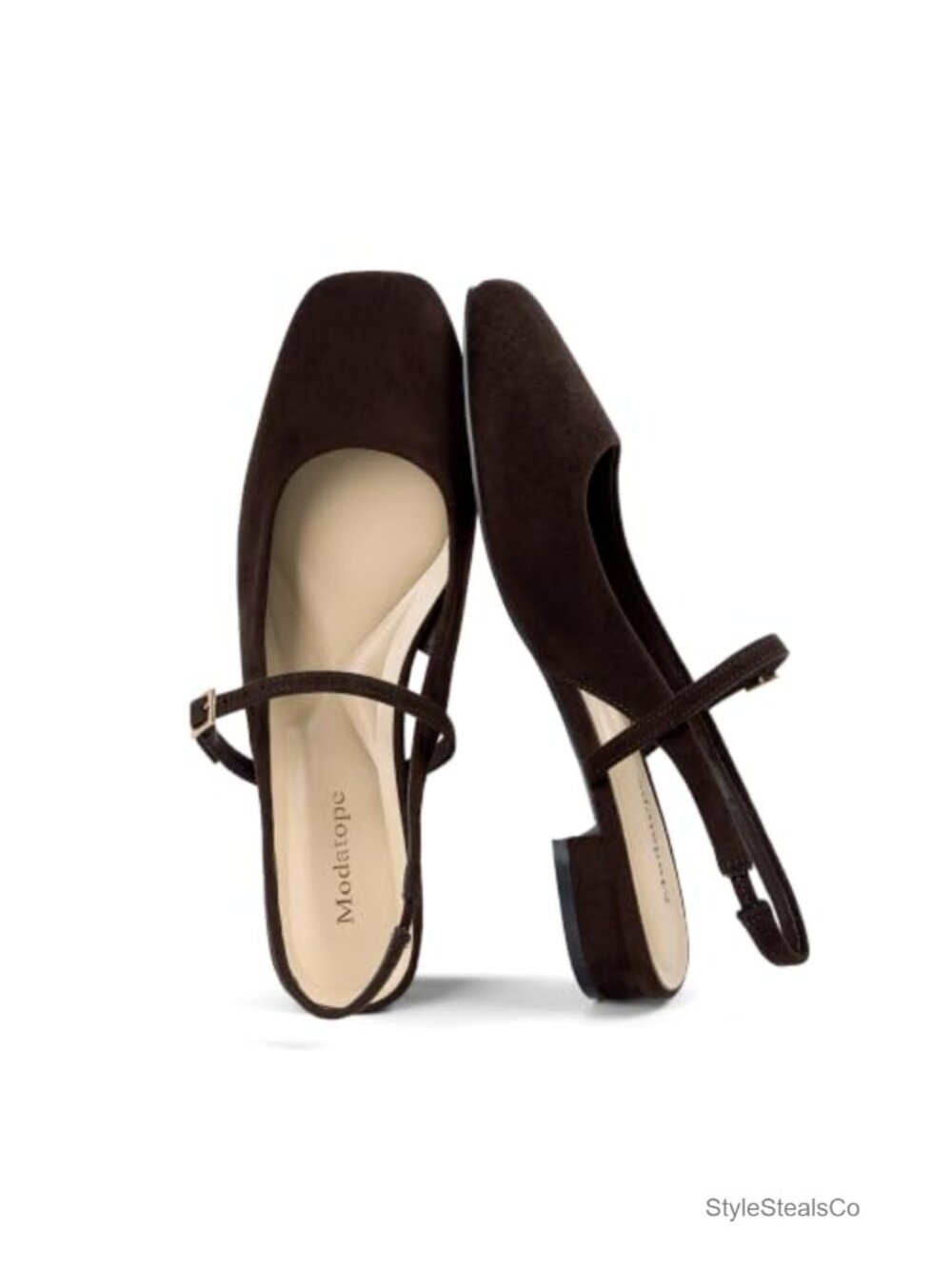 Faux Suede Mary Jane Slingback Flats Square Toe Low Block Heel Dress Shoes